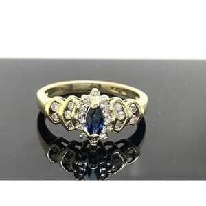 Blue Gemstone Diamond Cocktail Ring 10k Yellow Gold Estate Jewelry Womens Size 7